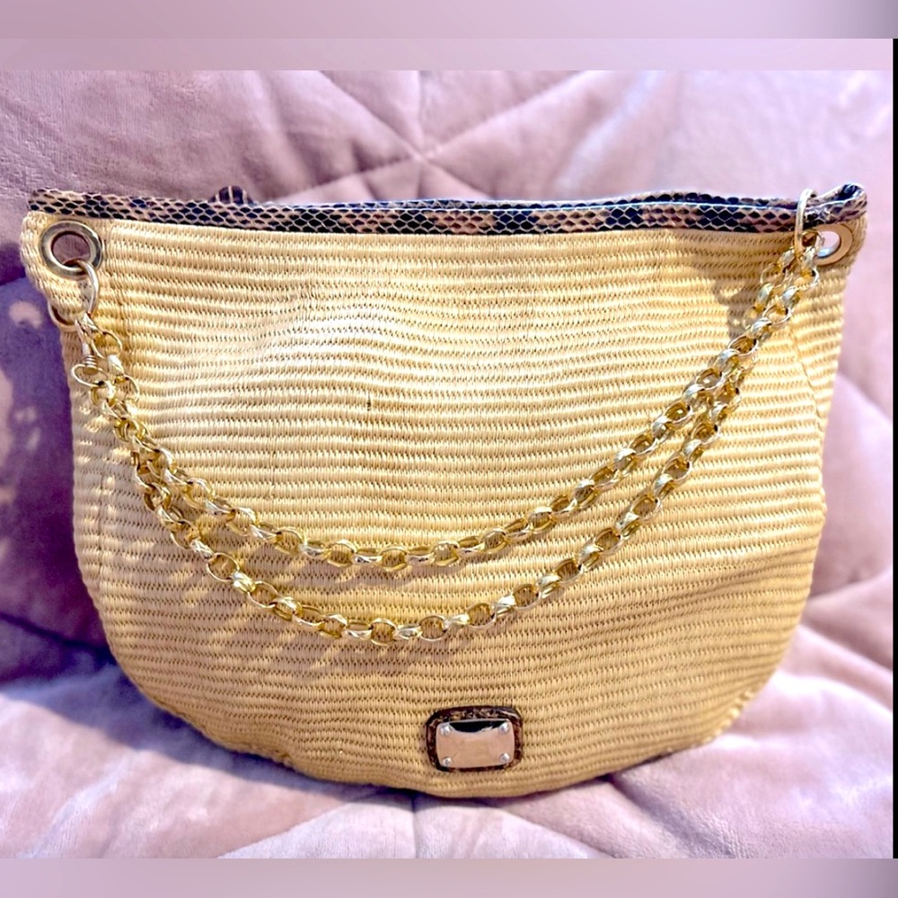Jimmy Choo Brown Raffia Solar Hobo W/Python - image 1